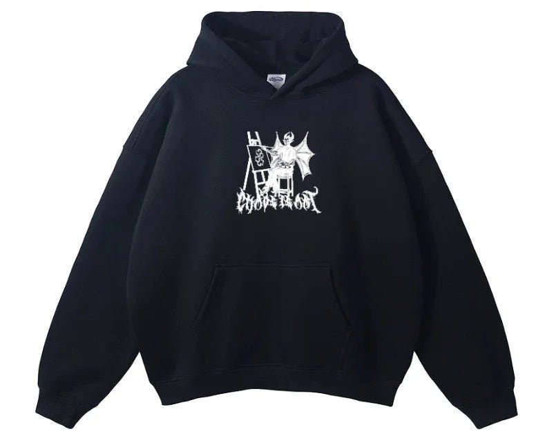 Chaos Is Art - Black Hoodie / White Demon Print - Kowa Mirai